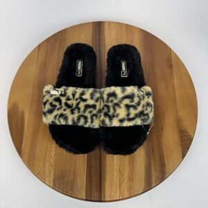 New Womens Puma Leadcat Fluffy Safari Cheetah Print Black Slides‎ Size 5 M NWOB